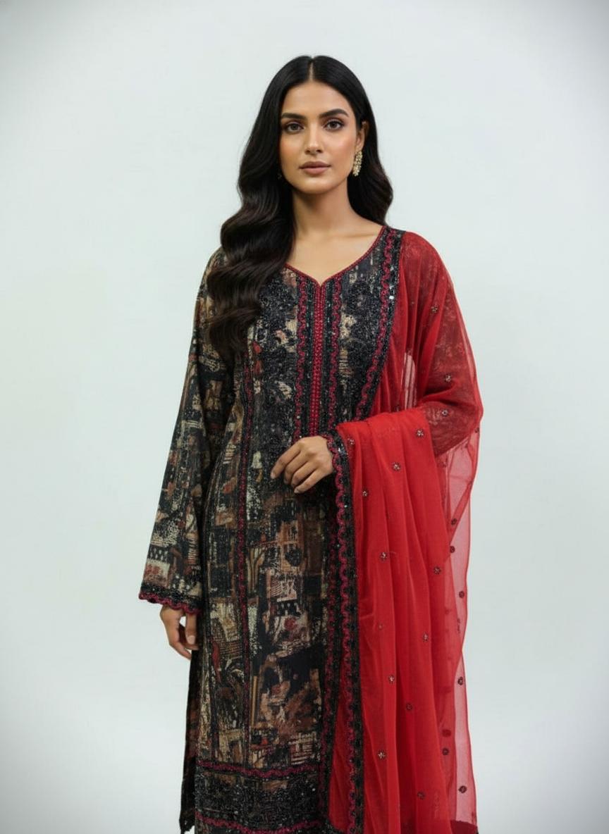 Heavy Rayon And Net with Handwork Black