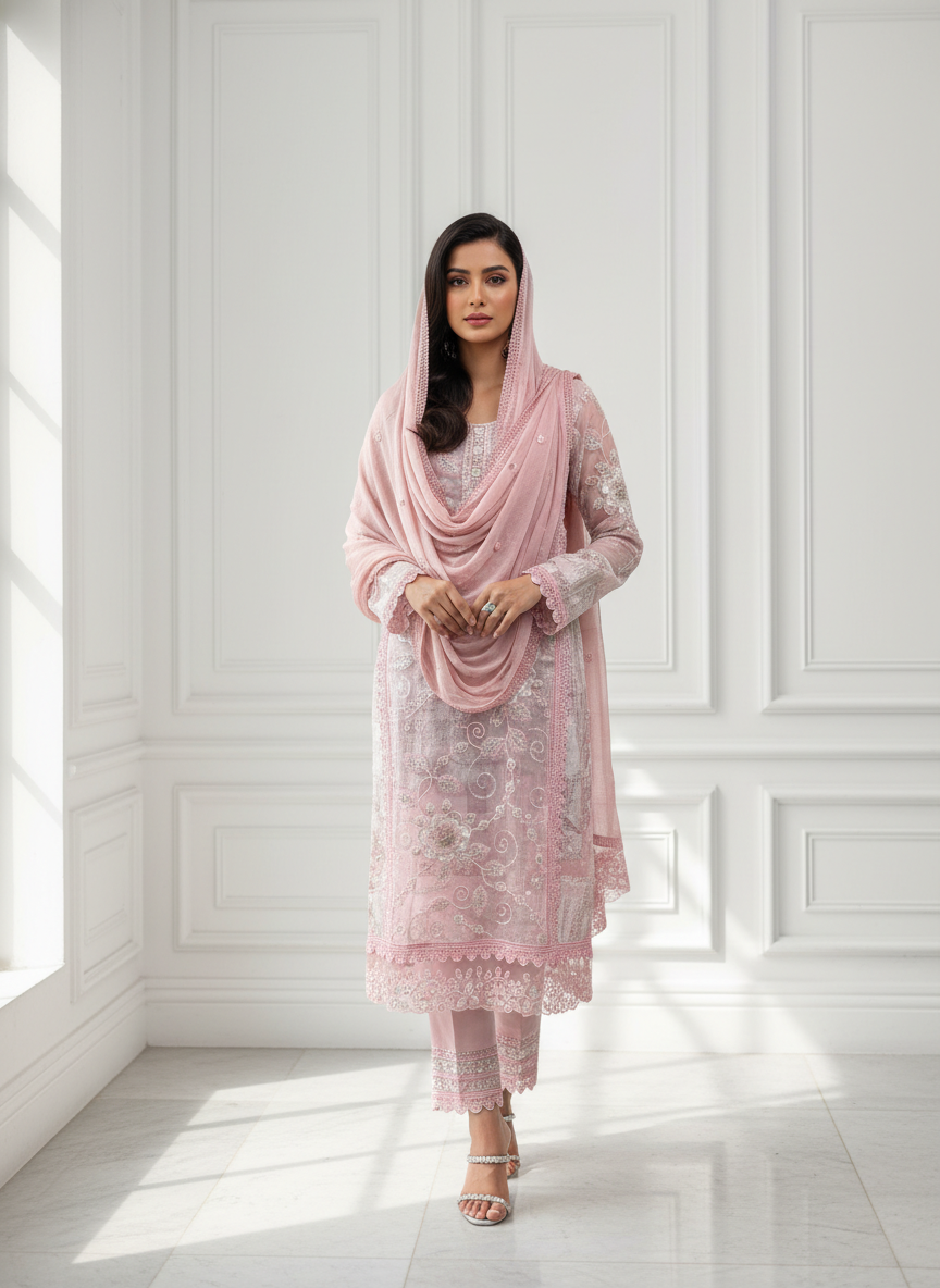 Cotton Reyon and Heavy Handwork on Net semi party wear Suit Piece