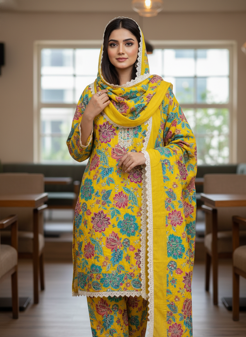 Fabric:- Crepe Silk Imported Fabric Yellow - Image 2