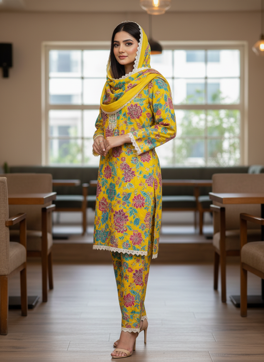 Fabric:- Crepe Silk Imported Fabric Yellow - Image 3