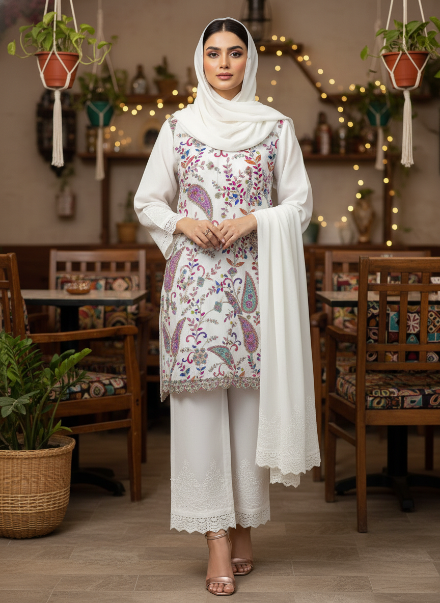 Fabric:- Crepe Silk Imported Fabric off-White - Image 4