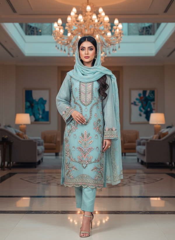 Orgenza ethnic suit featuring intricate floral and geometric embroidery on the neckline - Image 2