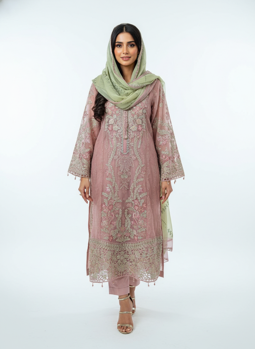 Pakistani Embroidered Heavy Chiffon with Heavy Hand Khatli Work - Image 2