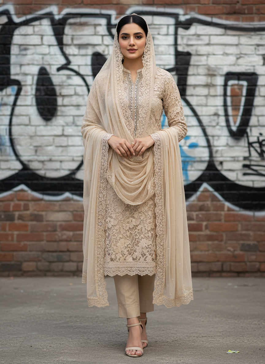 cotton based cutwork on net semi party wear