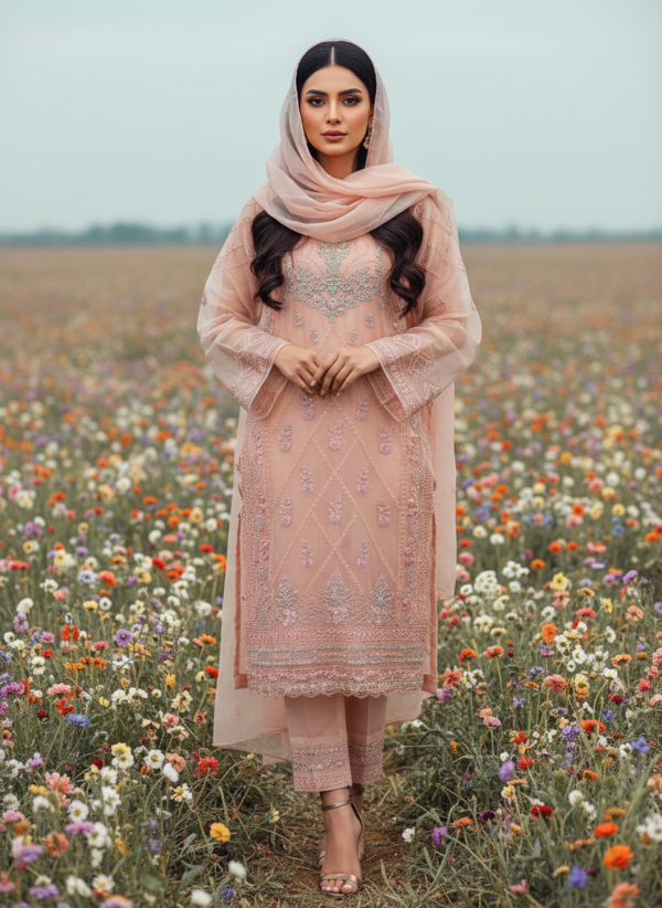 Orgenza ethnic suit featuring intricate floral and geometric embroidery on the neckline - Image 4
