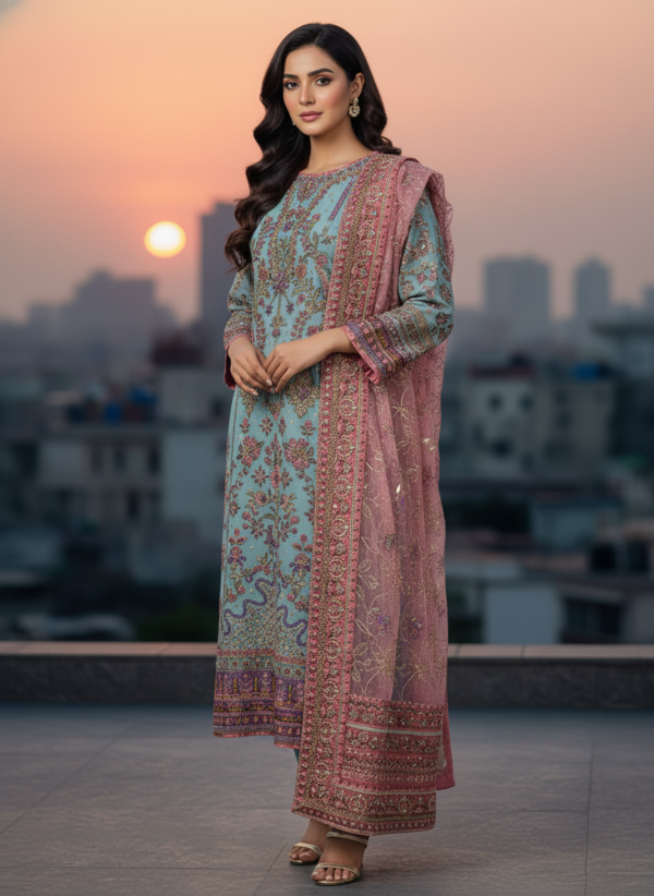 Pakistani Embroidered Heavy Chiffon with Heavy Hand Khatli Work - Image 2