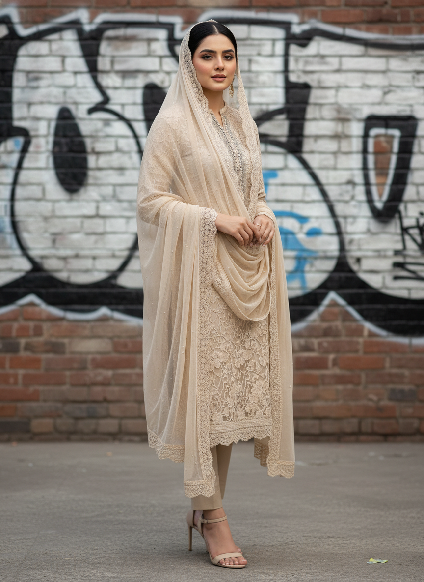 cotton based cutwork on net semi party wear - Image 4