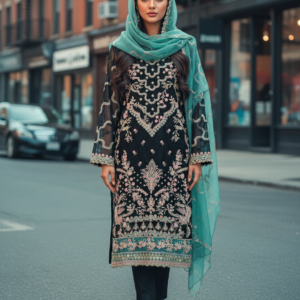 Orgenza ethnic suit featuring intricate floral and geometric embroidery on the neckline