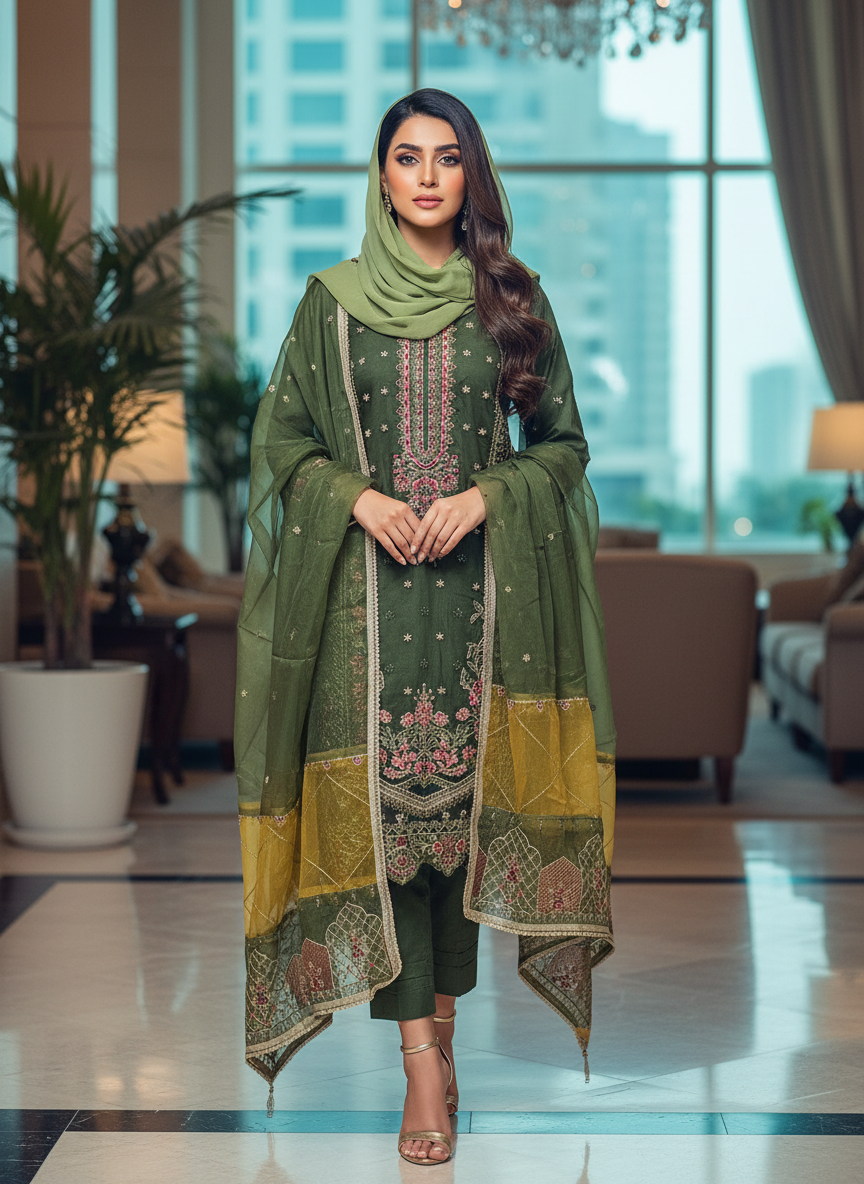 Orgenza ethnic suit featuring intricate floral and geometric embroidery on the neckline - Image 3