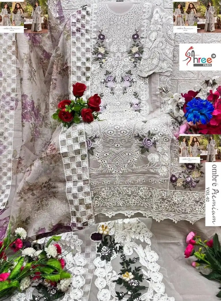 Ombre Premium Cotton Lawn Salwar Suit, Pakistani Replica - Image 10