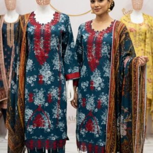 Pure Cotton Teal Floral Printed 3-Piece Suit Ready To wear