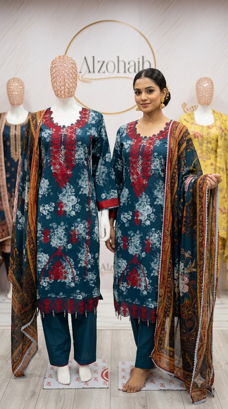 Pure Cotton Teal Floral Printed 3-Piece Suit Ready To wear