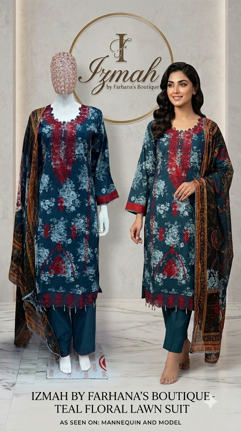 Pure Cotton Teal Floral Printed 3-Piece Suit Ready To wear - Image 3