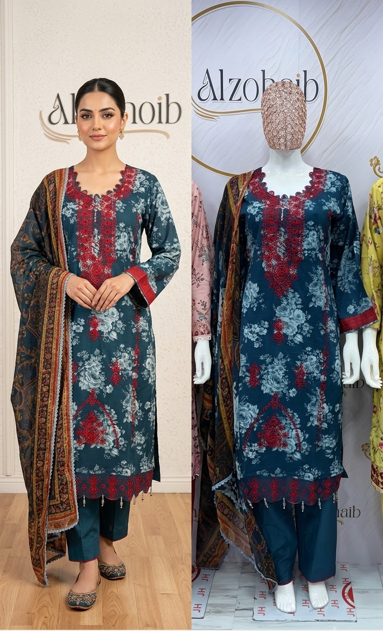 Pure Cotton Teal Floral Printed 3-Piece Suit Ready To wear - Image 4