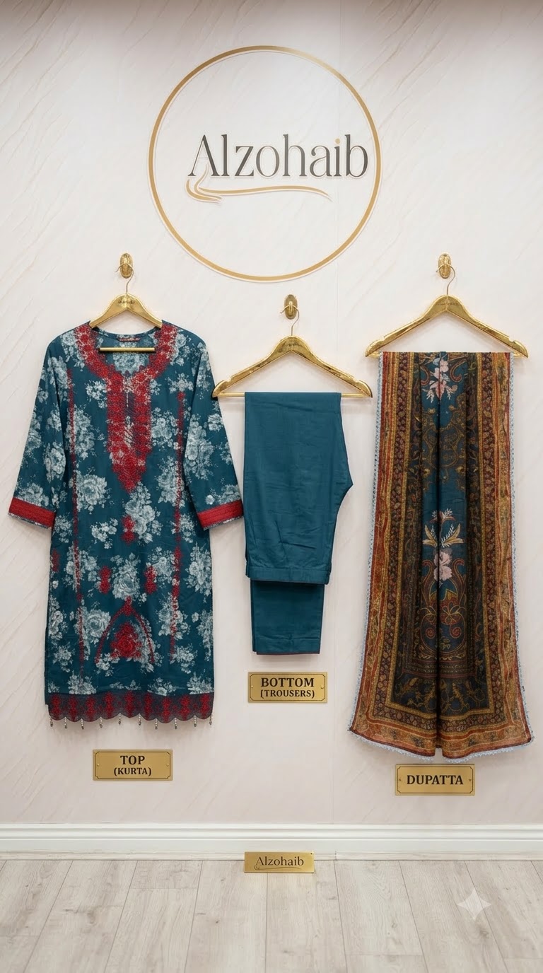 Pure Cotton Teal Floral Printed 3-Piece Suit Ready To wear - Image 5