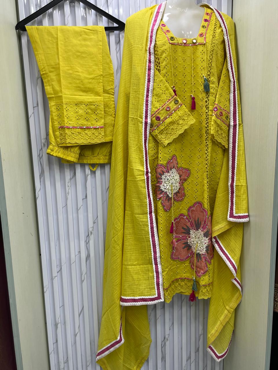 Mustard Yellow Embroidered 3-Piece Suit Ready To Wear - Image 5