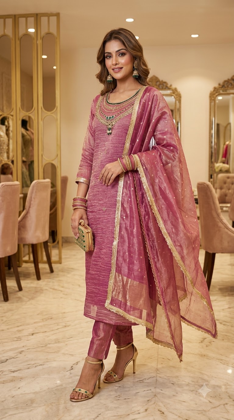 Rose Pink Embroidered Ethnic Ensemble Ready to Wear - Image 2
