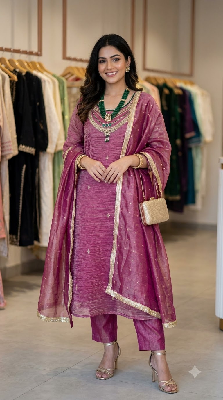 Rose Pink Embroidered Ethnic Ensemble Ready to Wear