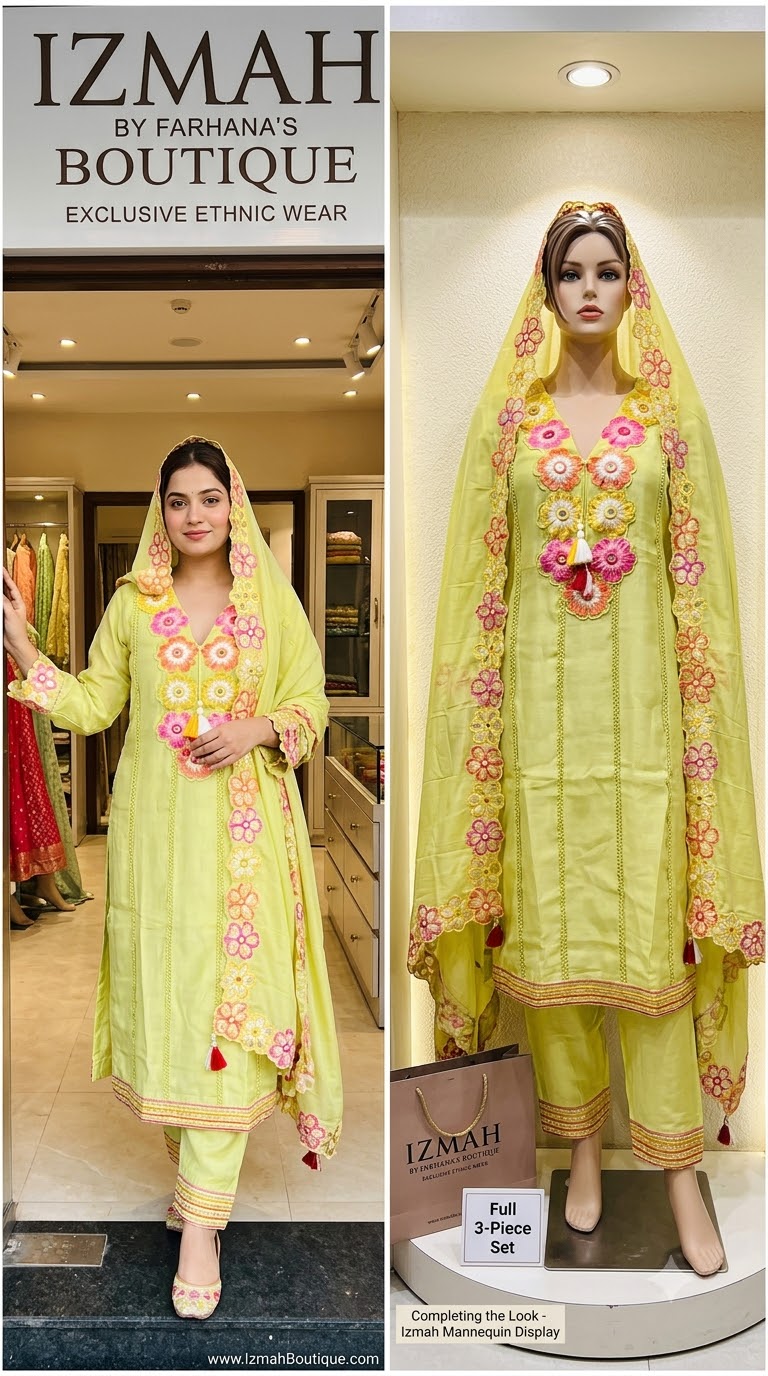 Elegant Lime Green Embroidered 3-Piece Ethnic Suit Ready to Wear