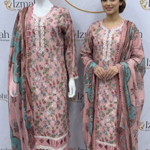 Pure Cotton Dusty Pink Floral Printed 3-Piece Suit Ready To Wear