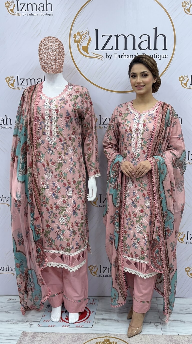 Pure Cotton Dusty Pink Floral Printed 3-Piece Suit Ready To Wear