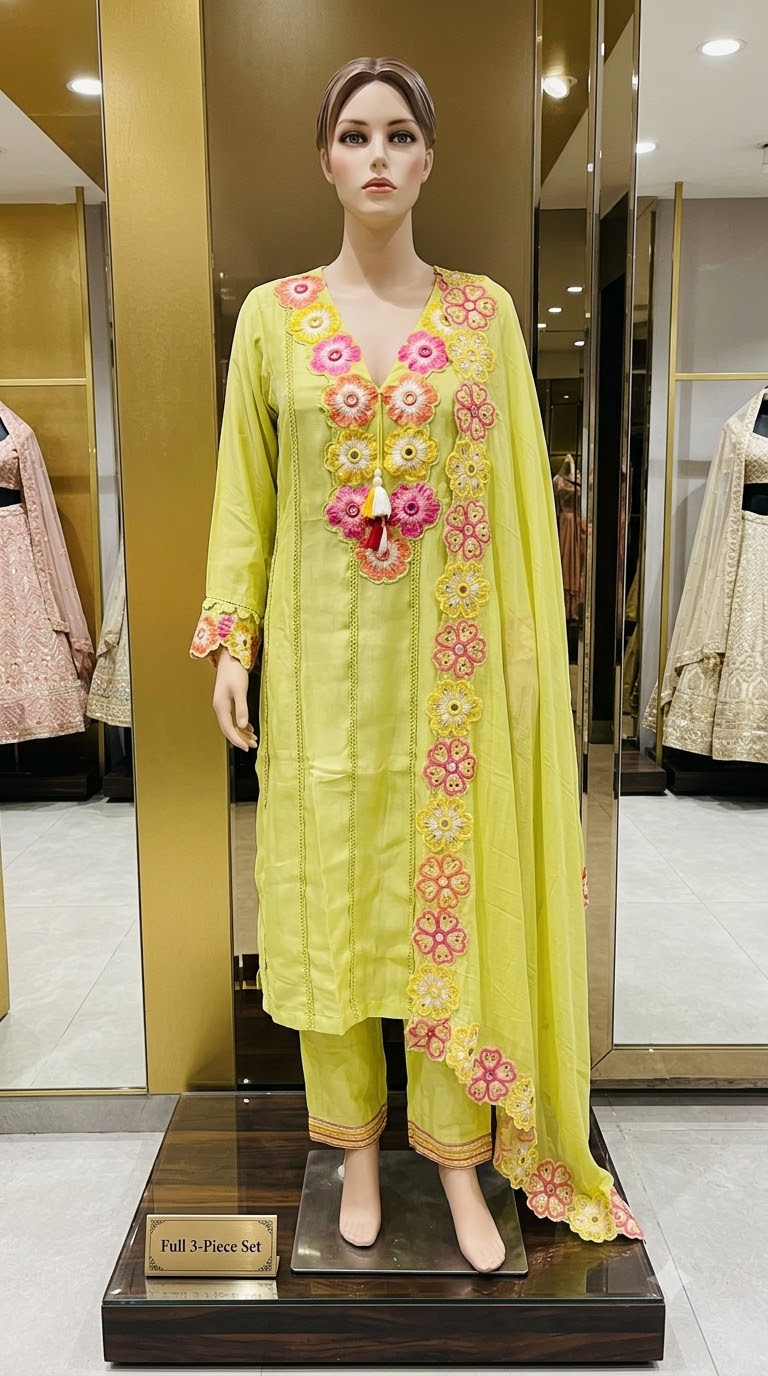 Elegant Lime Green Embroidered 3-Piece Ethnic Suit Ready to Wear - Image 2