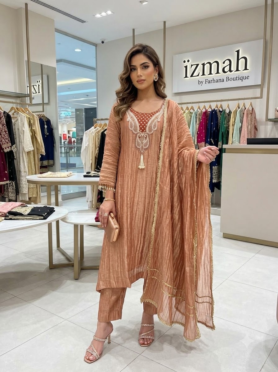 Peach Rose Salsa Fabric Embellished Ethnic Ensemble Ready to Wear