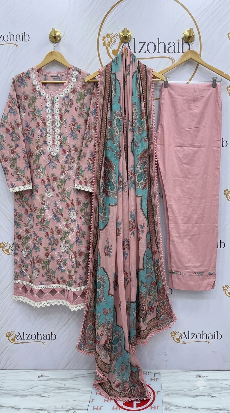 Pure Cotton Dusty Pink Floral Printed 3-Piece Suit Ready To Wear - Image 2