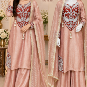 Dusty Rose Salsa 3-Piece Suit with. Neck Handwork Ready to wear✨