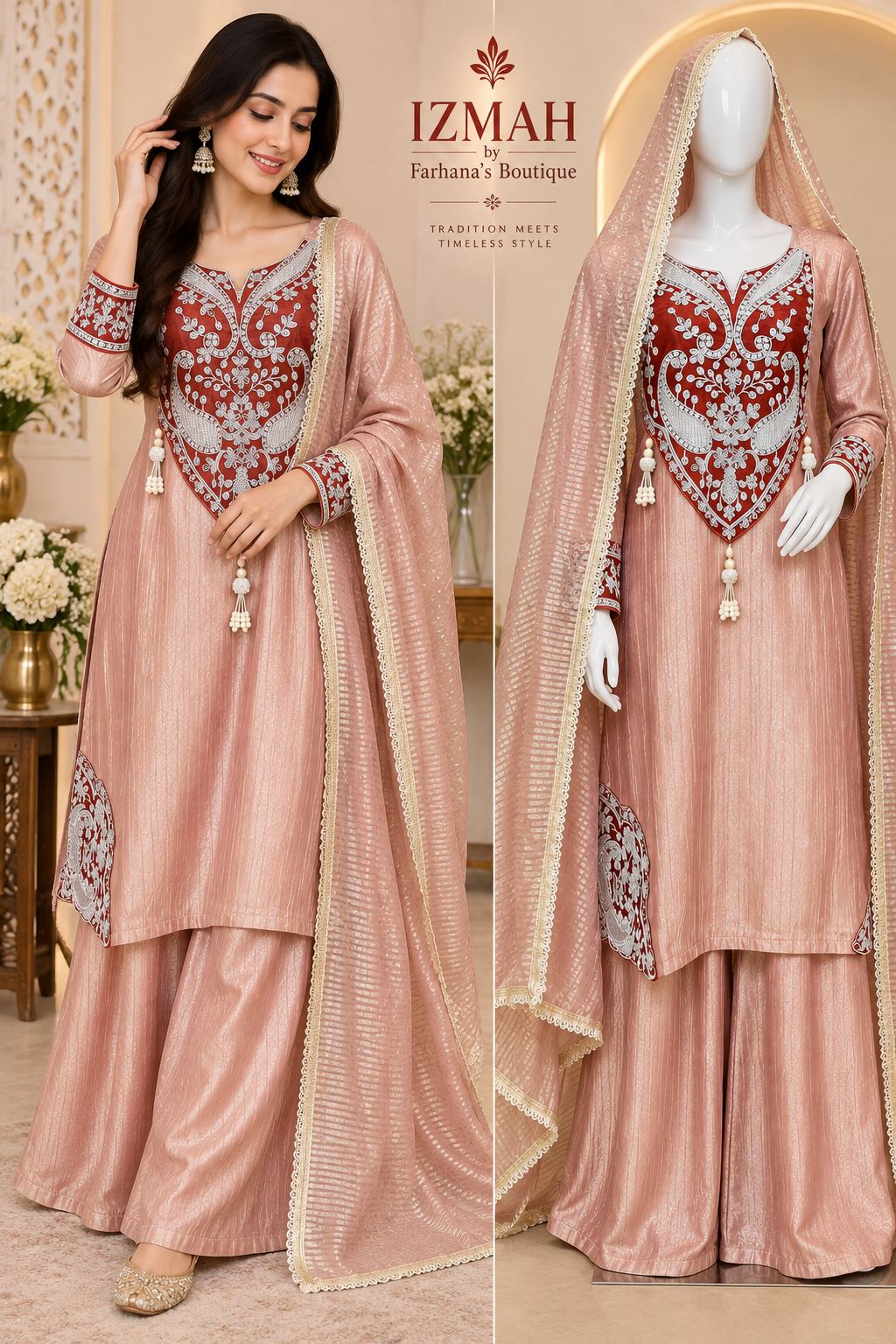 Dusty Rose Salsa 3-Piece Suit with. Neck Handwork Ready to wear✨