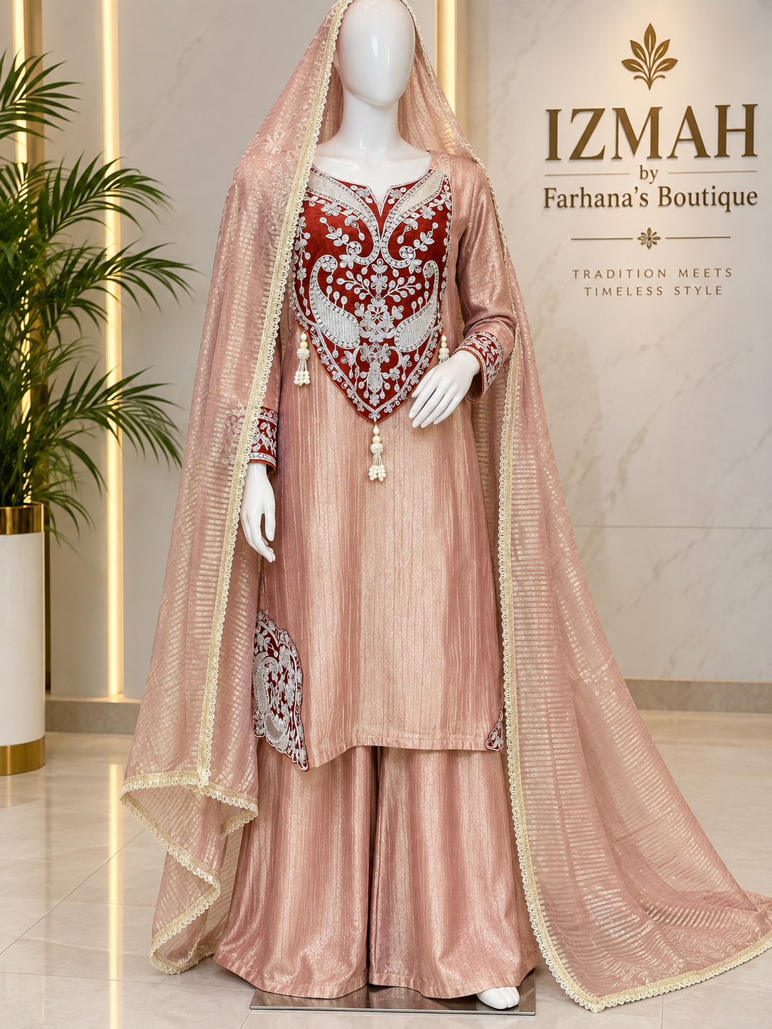 Dusty Rose Salsa 3-Piece Suit with. Neck Handwork Ready to wear✨ - Image 2