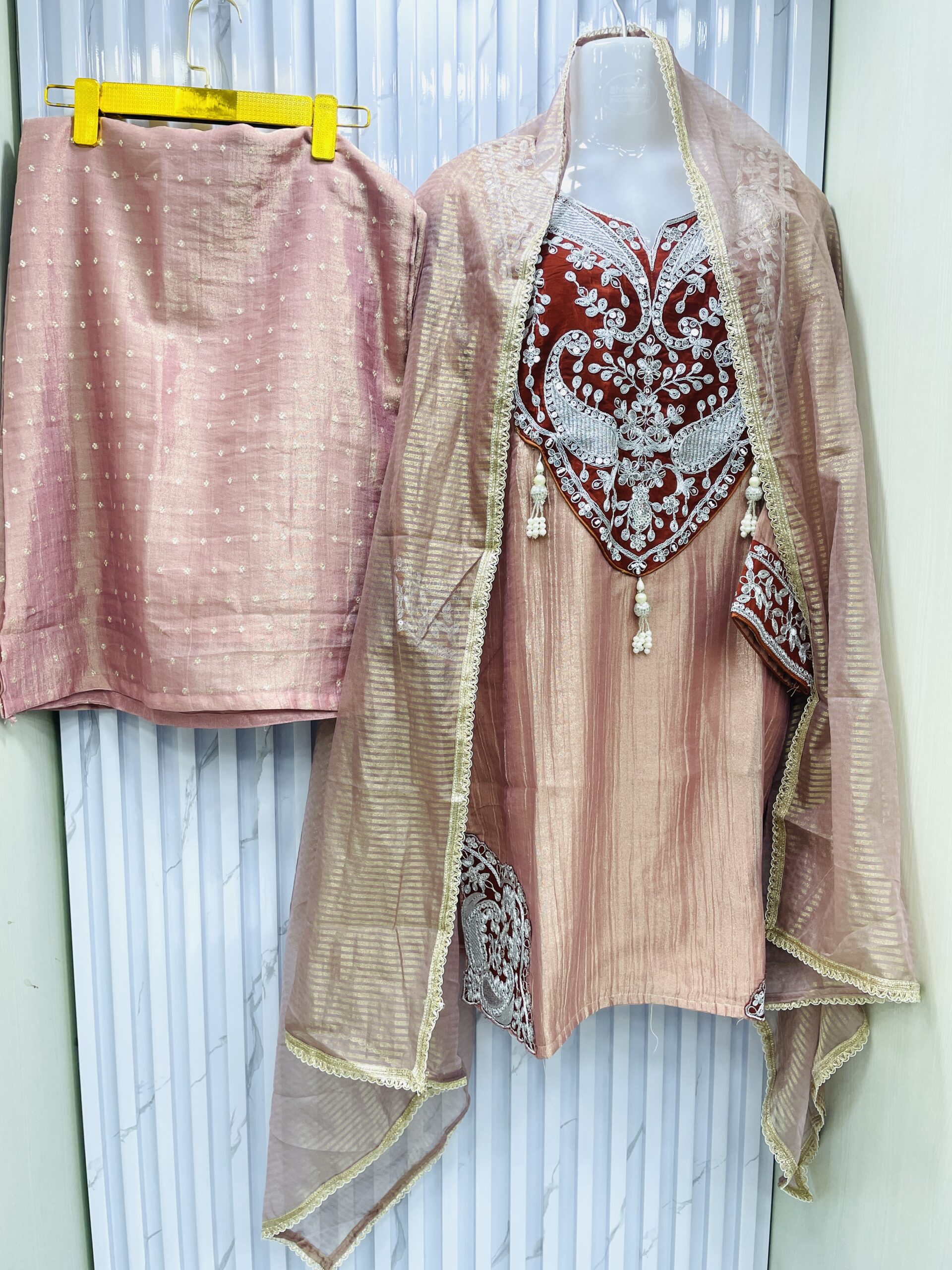 Dusty Rose Salsa 3-Piece Suit with. Neck Handwork Ready to wear✨ - Image 3