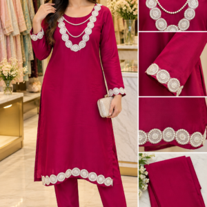 Fuchsia Pink 2 Pc Kurta Set with Lace