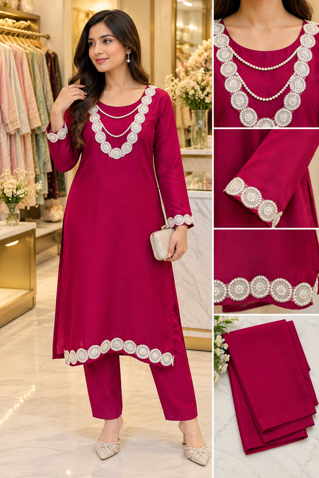Fuchsia Pink 2 Pc Kurta Set with Lace