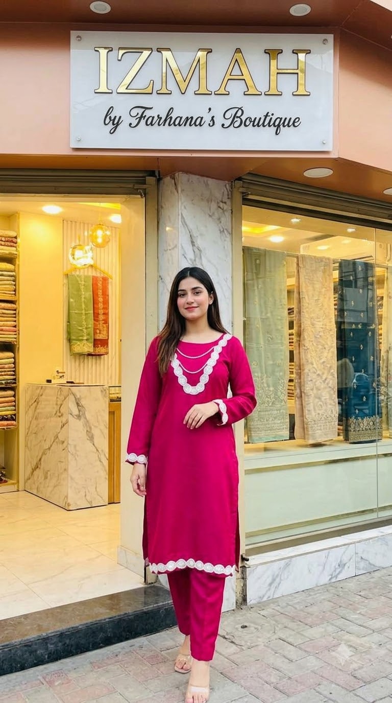 Fuchsia Pink 2 Pc Kurta Set with Lace - Image 2