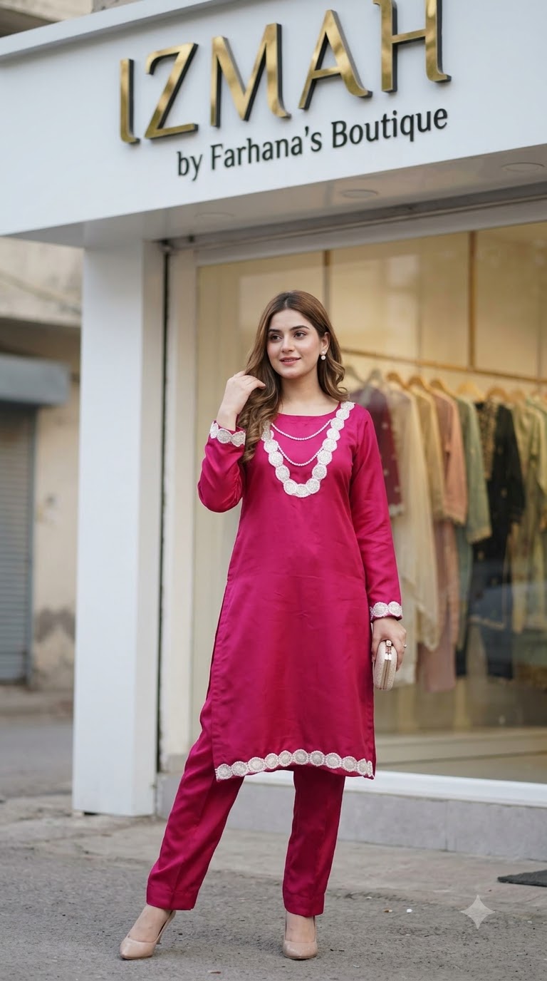 Fuchsia Pink 2 Pc Kurta Set with Lace - Image 3