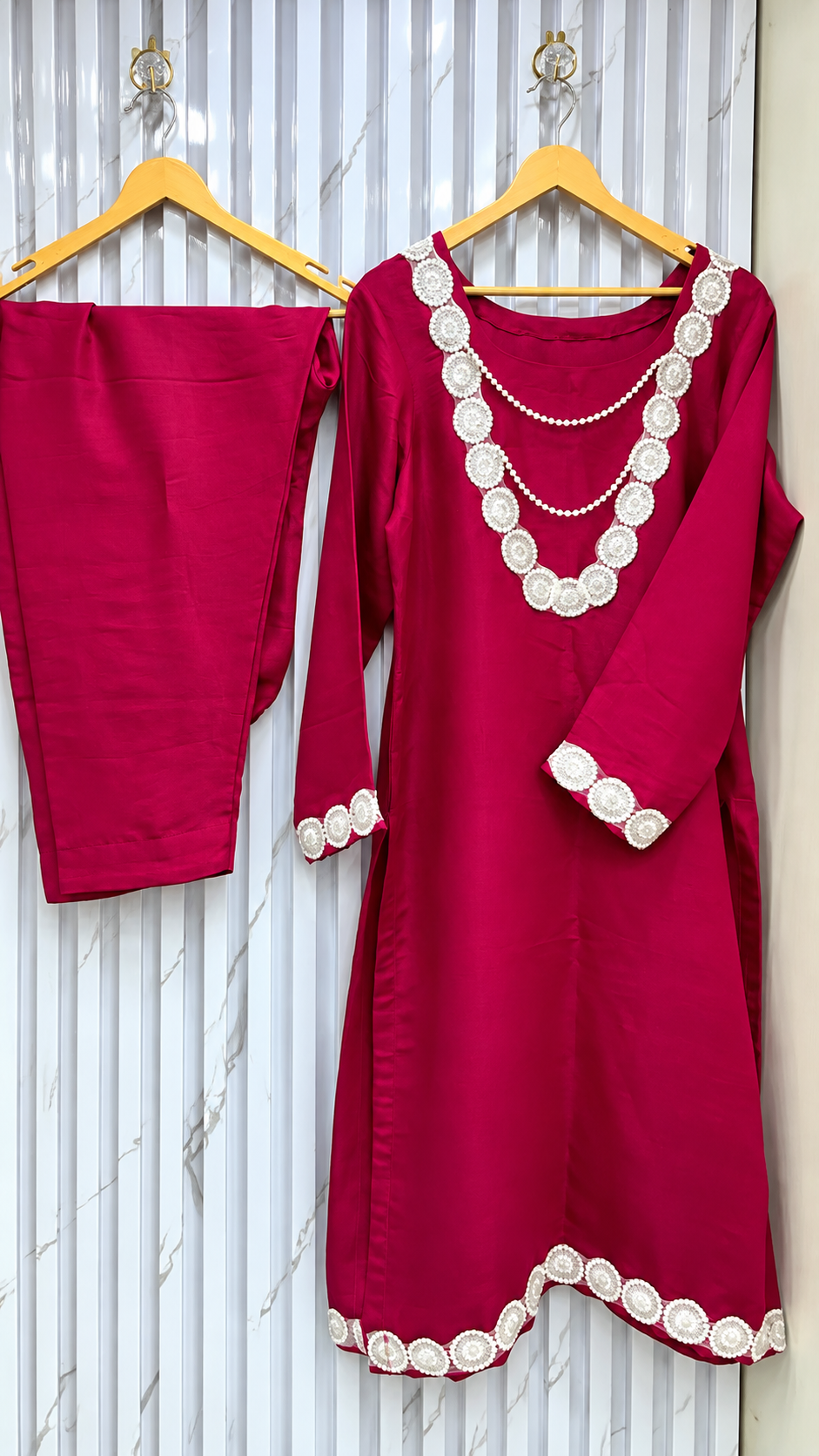 Fuchsia Pink 2 Pc Kurta Set with Lace - Image 4
